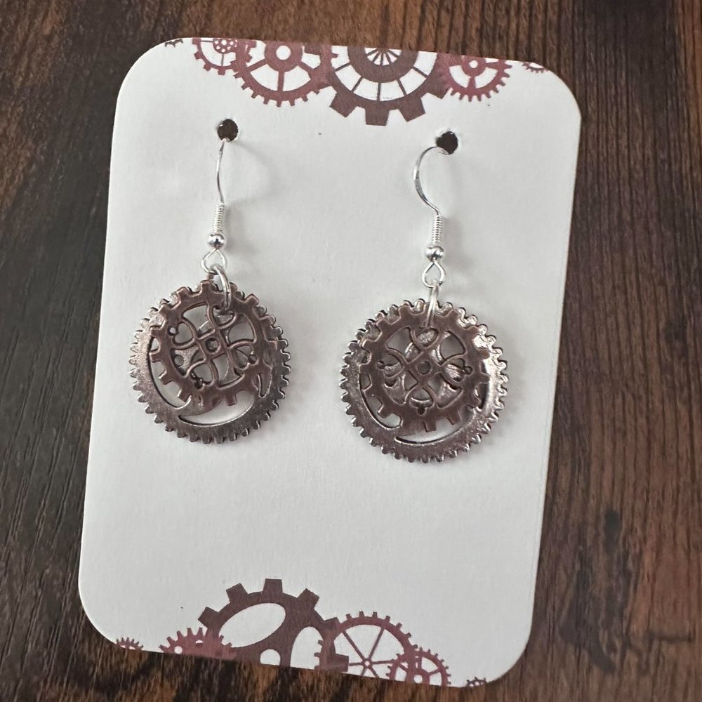 New Handmade Steampunk Gear Dangle Earrings (1.75" long x 0.9" wide) (Version 12